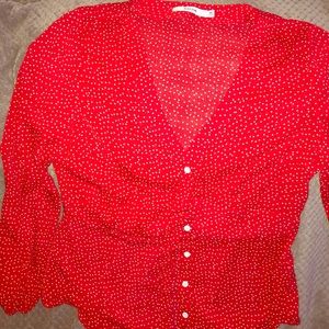 Casual button down red and white polka dot shirt